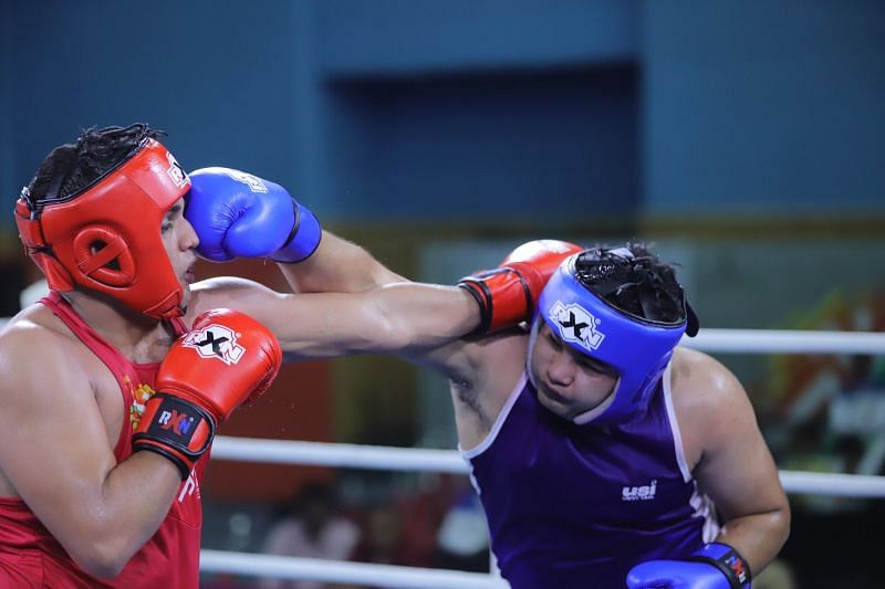 Boys&#039; U-21 Super heavy (91+kg) gold medallist Harshpreet Saharwat (Blue) from UP in action