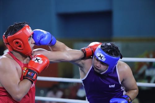 Boys' U-21 Super heavy (91+kg) gold medallist Harshpreet Saharwat (Blue) from UP in action