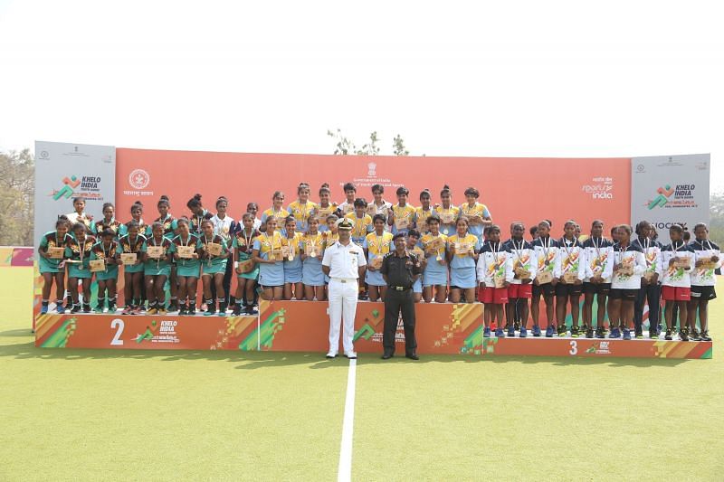 (L-R) Jharkhand (Silver), Haryana (Gold) and Odisha (Bronze) in girls&#039; U-17 Hockey competit