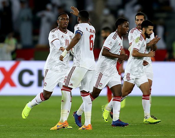United Arab Emirates players celebrating after scoring a goal