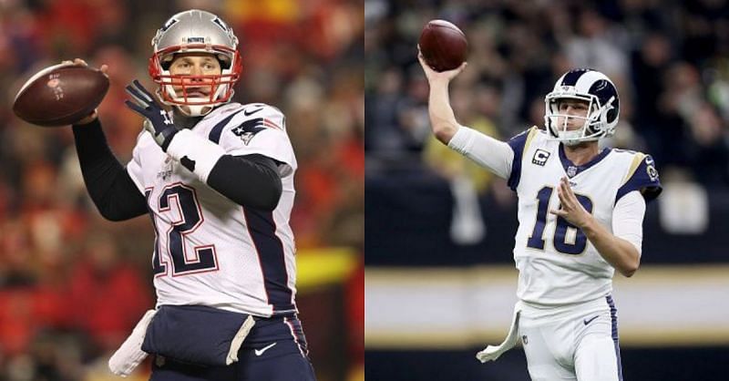 Which quarterback will reign supreme, Tom Brady (L) of the Patriots or Jared Goff (R) of the Rams?