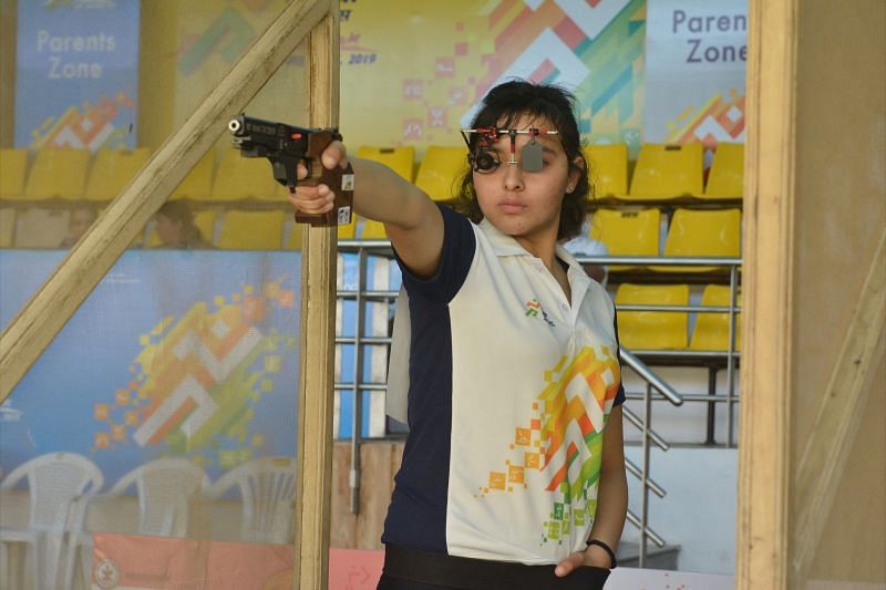 Gold medalist Devanshi Rana (Delhi) in action during girls U-21 25m pistol competition at Khelo India Youth Games