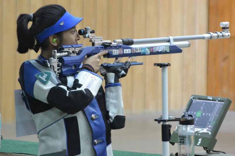 Women&#039;s junior (under-21) 10m air rifle gold medallist Mehuli Ghosh (West Bengal) in action at Khelo India Youth Games