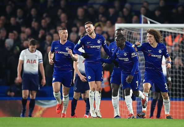 Chelsea players celebrate after N&#039;Golo Kante&#039;s goal