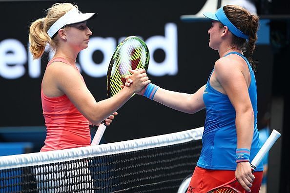 2019 Australian Open - Day 2 - Tamara Zidansek in blue gets past Daria Gavrilova