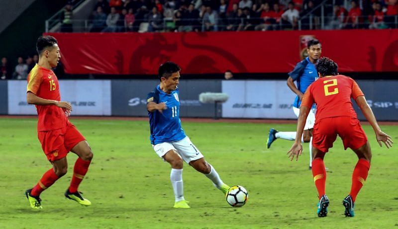 Sunil Chhetri in action during the match against China
