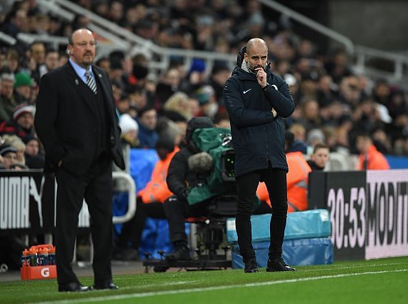 Pep Guardiola (right) on the touchline during the match against Newcastle United