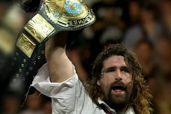 Mick Foley after defeating The Rock to win the championship