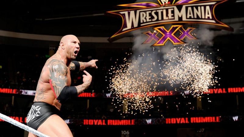 Batista after winning his second Royal Rumble as entry 28 in the 2014 Royal Rumble
