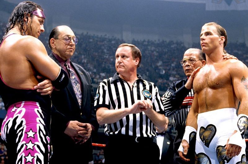 Hart, Gorilla Monsoon, Earl Hebner, Jose Lothario and Michaels before the first Iron-Man match.