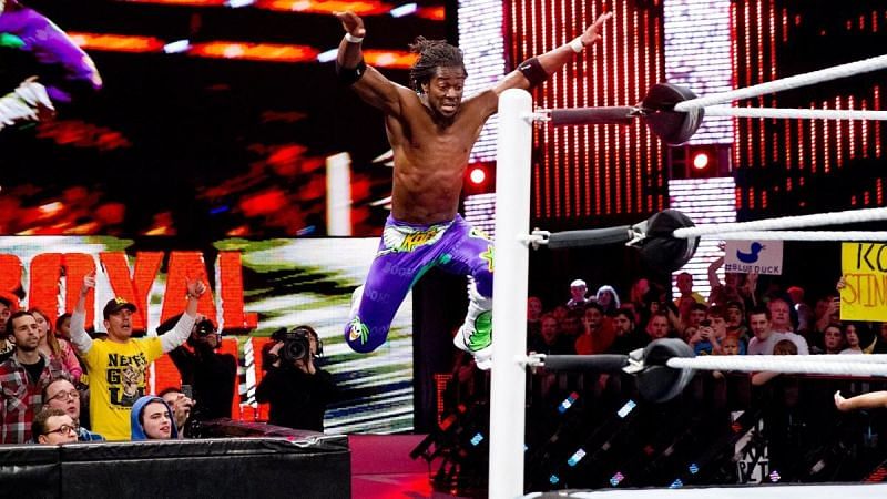 Kofi Kingston flew from the barricade to the ring like a bird