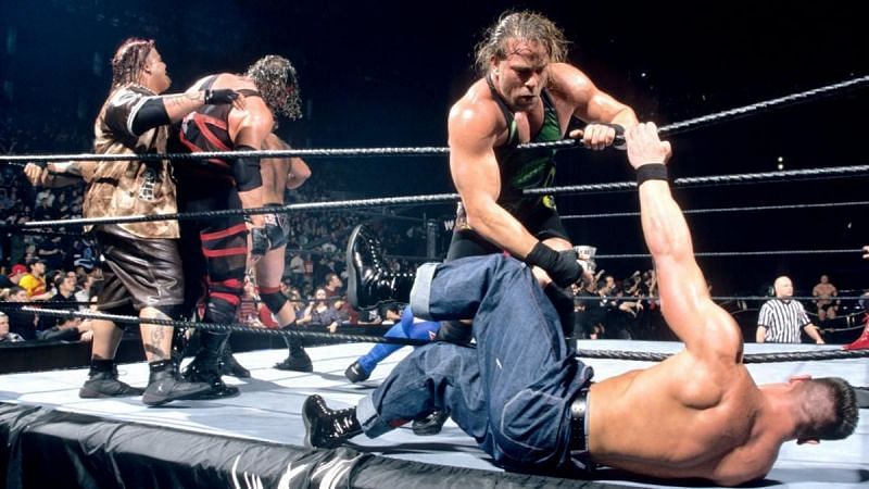 Rob Van Dam attempting to eliminate John Cena during the 2003 Royal Rumble