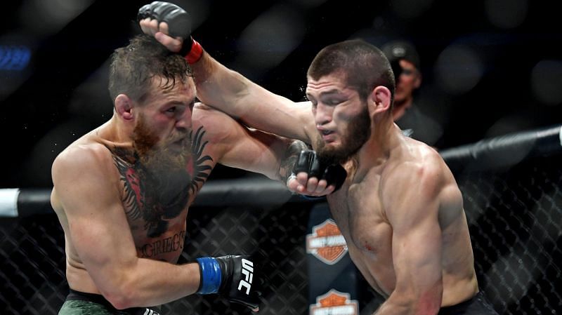 Conor McGregor and Khabib Nurmagomedov in the midst of a wild exchange during their UFC 229 main event bout!