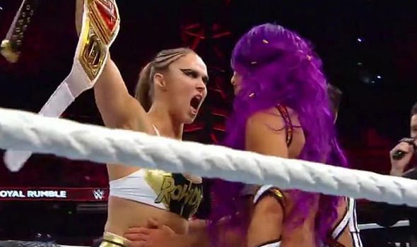 Ronda Rousey and Sasha Banks in a heated exchange on Raw before the Royal Rumble