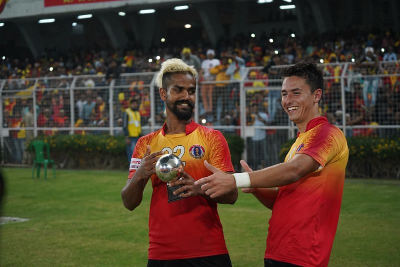 Joby Justin celebrates with fellow goalscorer Jaime Santos Colado after East Bengal won the Kolkata Derby