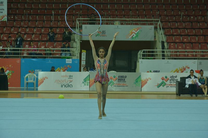 Bavleen Kaur of Jammu &amp; Kashmir in action in Rhythmic Gymnastics at the Khelo India Youth Games