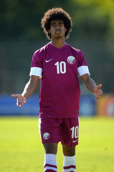 Akram Afif in action for Qatar v Colombia - Toulon Tournament Group B