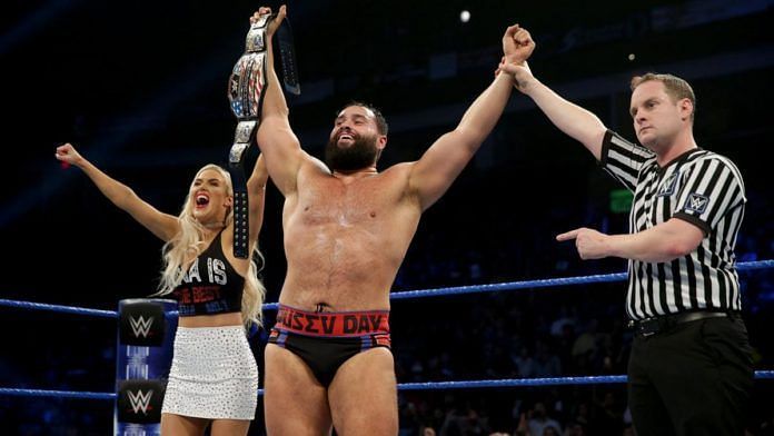 Rusev is shown with Lana celebrating his third US title win. 