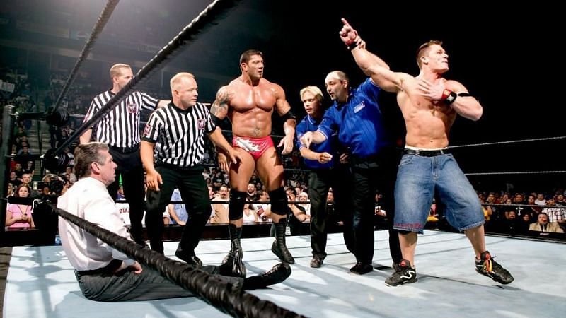 John Cena and Batista during the controversial ending to the 2005 Royal Rumble