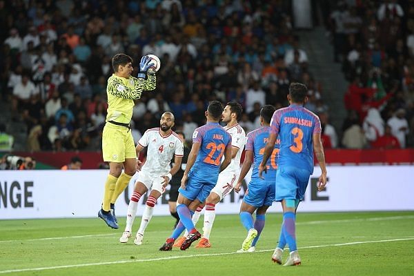 Gurpreet Singh Sandhu makes a save against UAE (Image: AIFF Media)