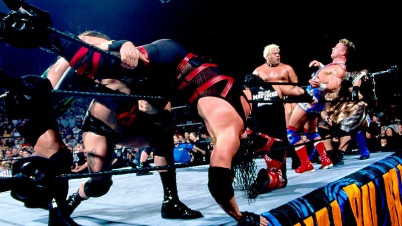 Several wrestlers try to eliminate Kane from the 2003 Royal Rumble