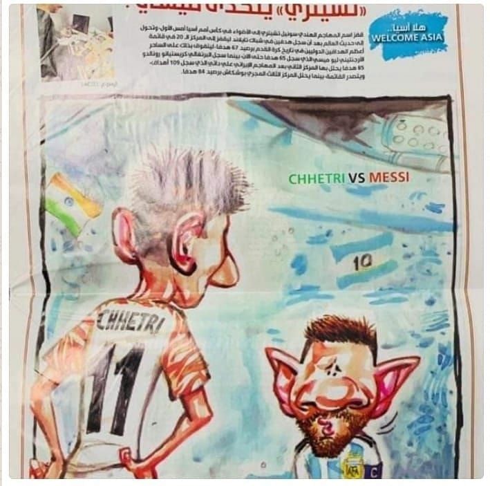 A cartoon published in a UAE&Acirc;&nbsp;newspaper after Chhetri had surpassed Messi&#039;s goals&#039; tally 