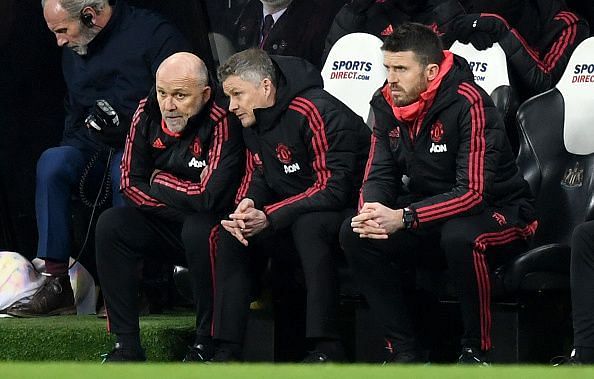 Mike Phelan, Ole Gunnar Solskjaer, and Michael Carrick (l-r)