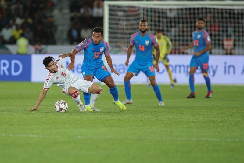 Jeje Lalpekhlua of India in action against UAE during their Asian Cup match