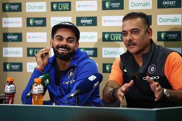 Virat Kohli and Ravi Shastri during the press conference at the end of the Sydney Test