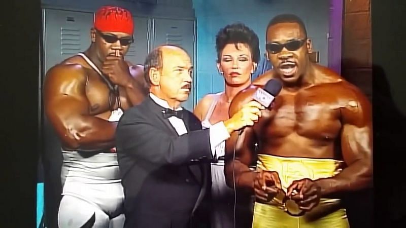 Booker T., flanked by brother Stevie Ray and manager Sensational Sherri Martel, got a little bit too excited in this classic interview.