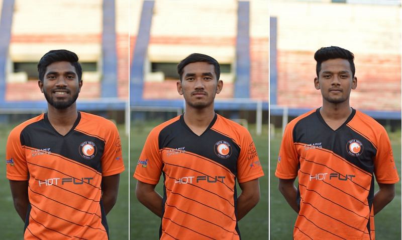 From left to right, New Signings from Delhi Dynamos FC, Amit Tudu (on loan), Kishan Singh Thongam, and Krishan Kumar