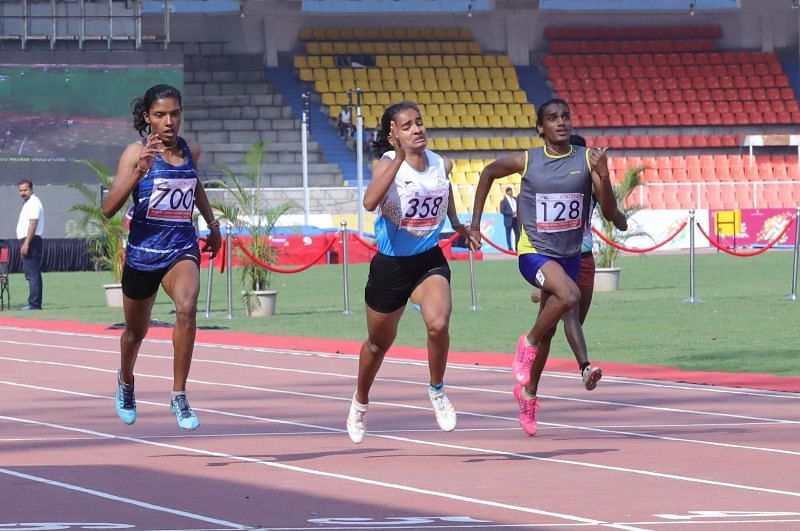 A.T. Daneshwari (Karnataka) in bib no 358, gold medal winner of 100m &amp; 200m girls U-21 at Khelo India Youth Games