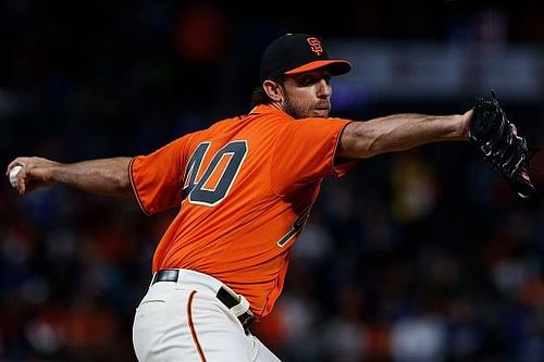 Madison Bumgarner in action during the Los Angeles Dodgers v San Francisco Giants game