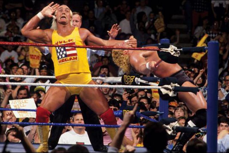 Hulk Hogan appeals to the crowd while he literally has Sid Vicious on the ropes