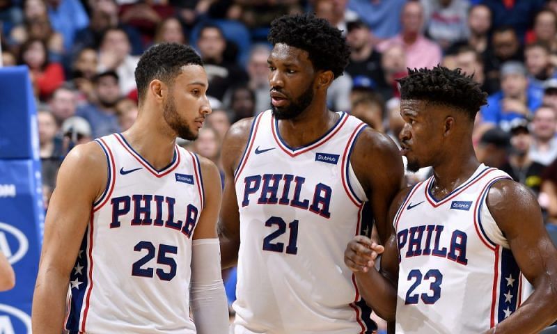 Simmons (left), Embiid (centre) and Butler (right) of the Philadelphia 76ers