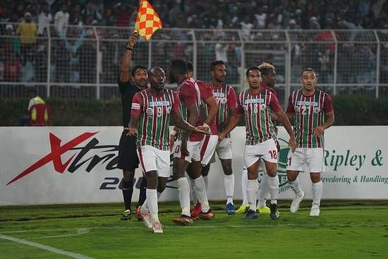 Mohun Bagan players after a goal was disallowed during the &#039;Kolkata Derby&#039;