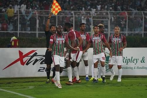 Mohun Bagan players after a goal was disallowed during the 'Kolkata Derby'