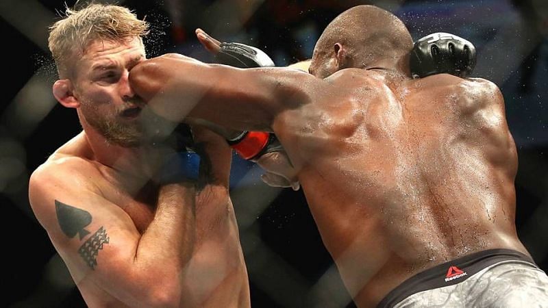 Jon Jones catching Alexander Gustafsson with a piercing elbow during their championship fight at UFC 232