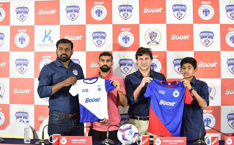 (From left) Bengaluru FC Head of Operations Srinivas Murthy, First Team Player Kean Lewis, Coach Carles Cuadrat and U13 Player Gautam Rajesh