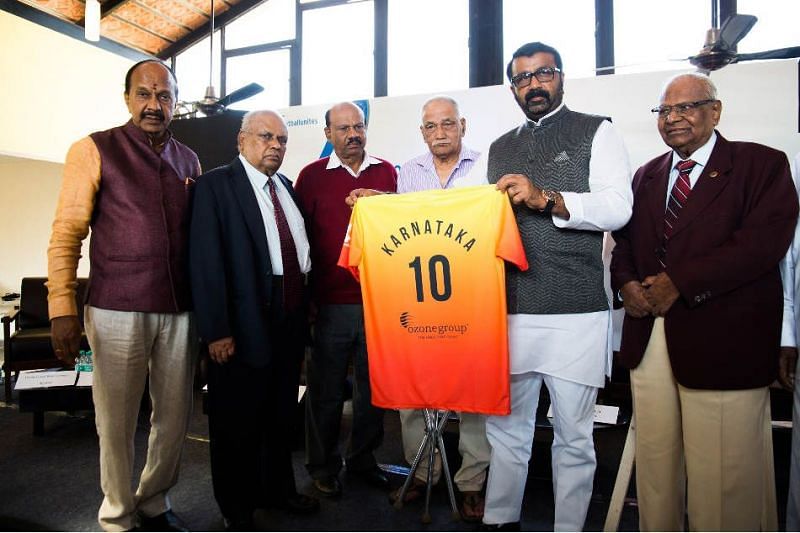 NA Haris (second from right), president of the Karnataka State Football Association with KSFA and BDFA governing body members