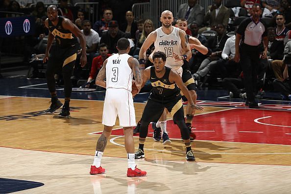 Lowry guarding Beal in the 2018 NBA playoffs