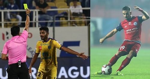 Zakeer Mundampara (left) of Kerala Blasters FC was banned for six months, while Carlos Calvo of Jamshedpur FC was suspended for 3 games only for racism