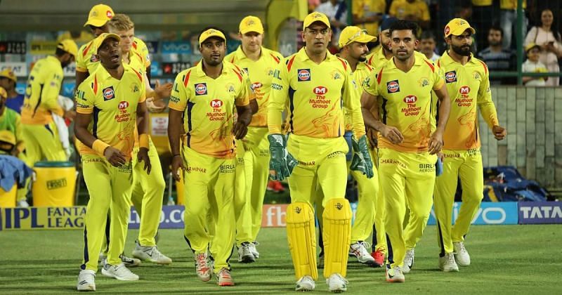 Chennai Super Kings players stride out for a match