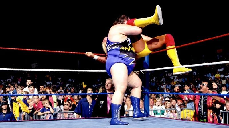 Earthquake attacking Hulk Hogan during the 1991 Royal Rumble