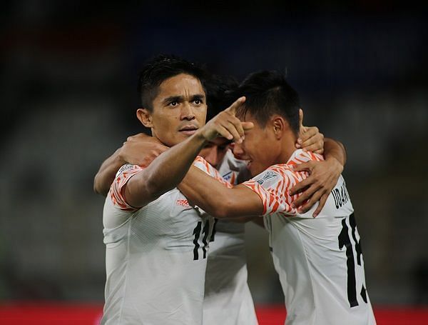 Sunil Chhetri of India celebrates after scoring a goal against Thailand during the Asian Cup (Image: AIFF Media)