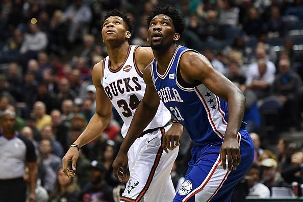 Embiid and Giannis battle for rebound positioning