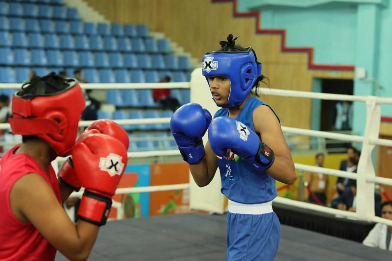 Devika Ghorpade from Maharashtra (in blue) in action at Khelo India Youth Games