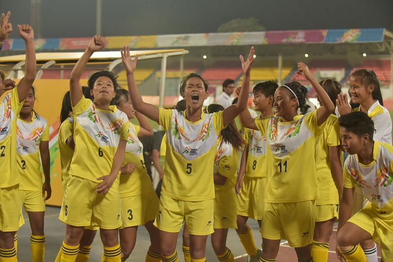 U-21 Girls winners Manipur girls celebrating their win over Tamil Nadu at Khelo India Youth Games