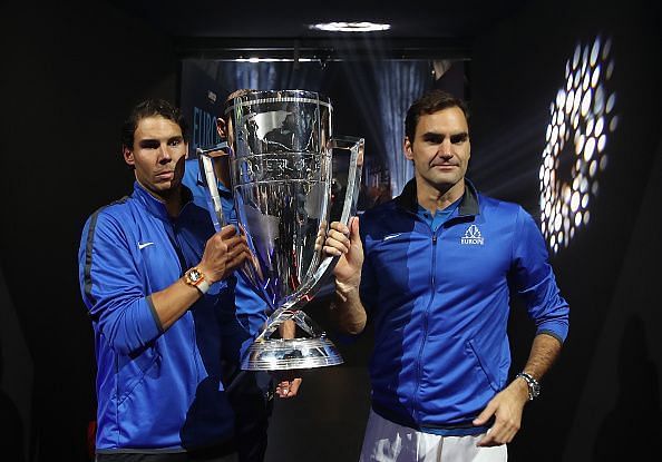 Roger Federer and Rafael Nadal after winning the first edition of the tournament that took place in 2017