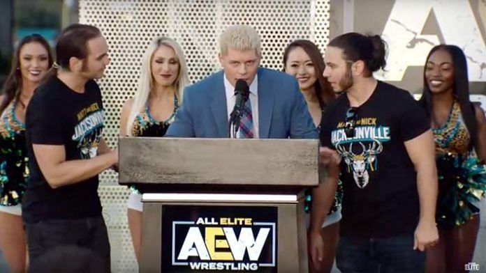 Cody Rhodes and the Young Bucks at a press conference.